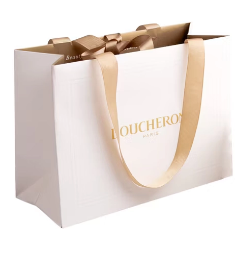 Luxury-cosmetic-paper-bag-with-ribbon-handles-and-foil-logo