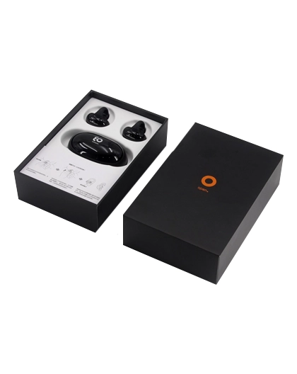 Matte-black-earbuds-packaging-with-gold-foil-logo